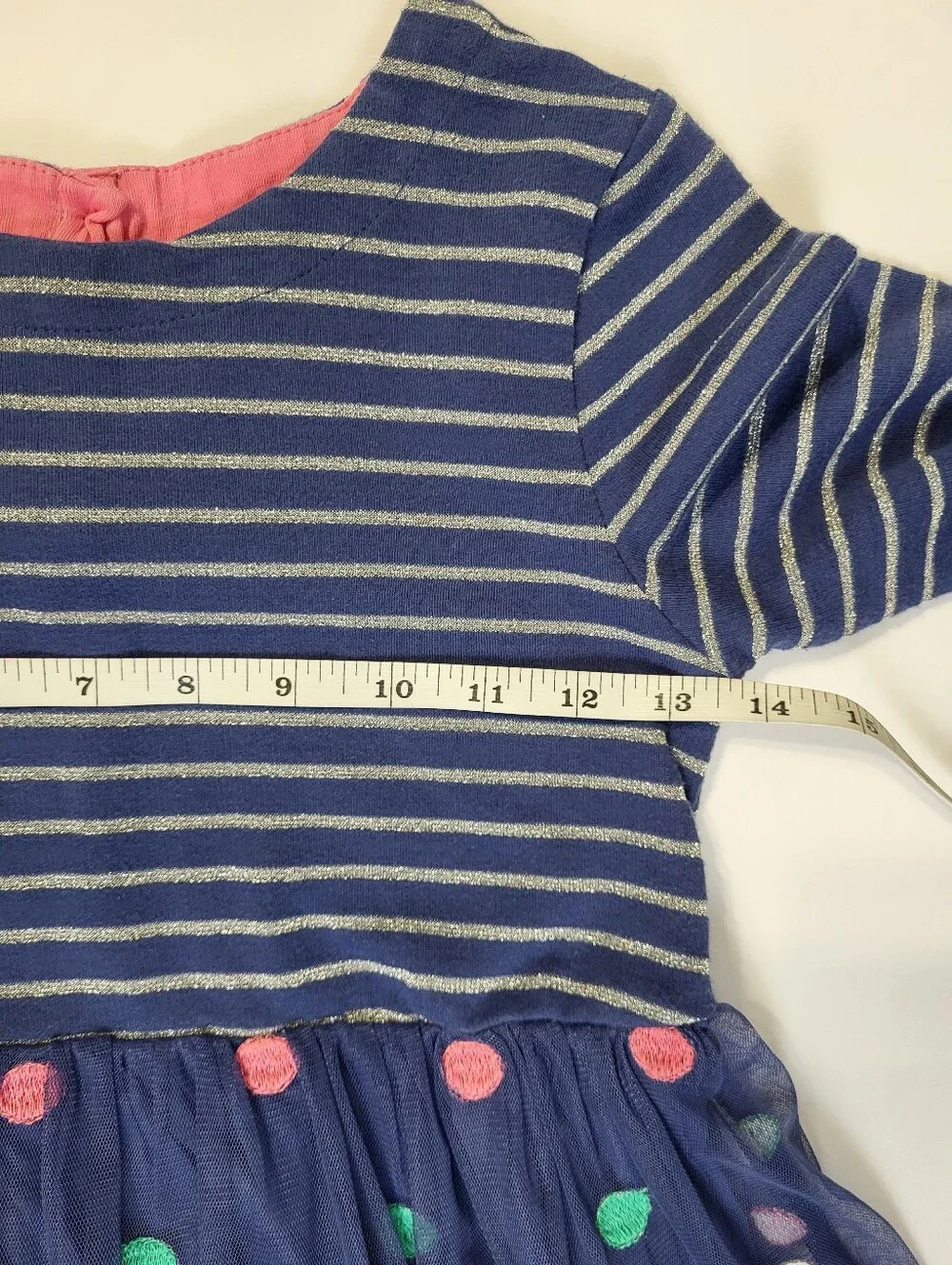 Mini Boden Jersey Tulle Long Sleeve Dress Polka Dots Navy Blue Stripes sz 9-10